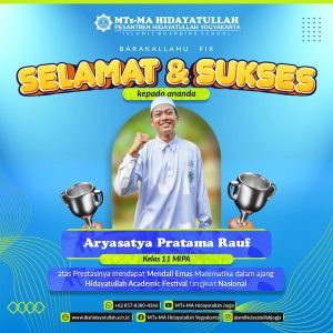 Mendali Emas untuk Aryasatya Pratama Rauf, Santri Kelas 11 MIPA MA Hidayatullah Yogyakarta pada Hi-AFest Nasional. Kami bangga dengan prestasinya!