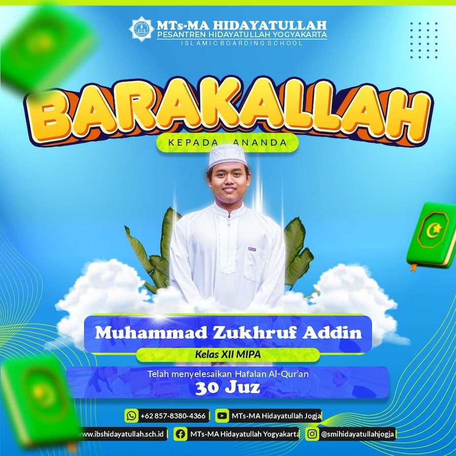 Muhammad Zuhruf Addin, santri Pesantren Hidayatullah Jogja, berhasil menyelesaikan hafalan Al-Qur'an sebanyak 30 juz